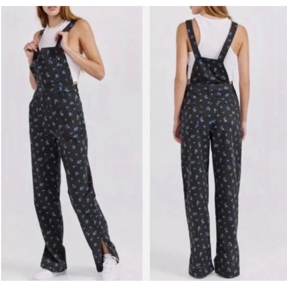 WeWoreWhat Slouchy Slit Overalls Watercolor Ditsy Black Floral Denim XS NWT